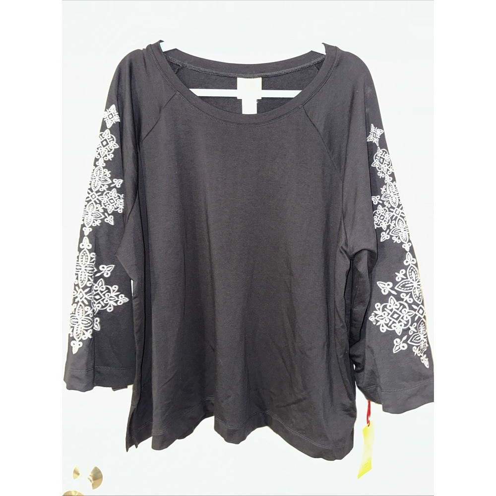 Ruby Red Top Shirt Blouse Women 2X Stretch Long Sleeve Black With Embroidering